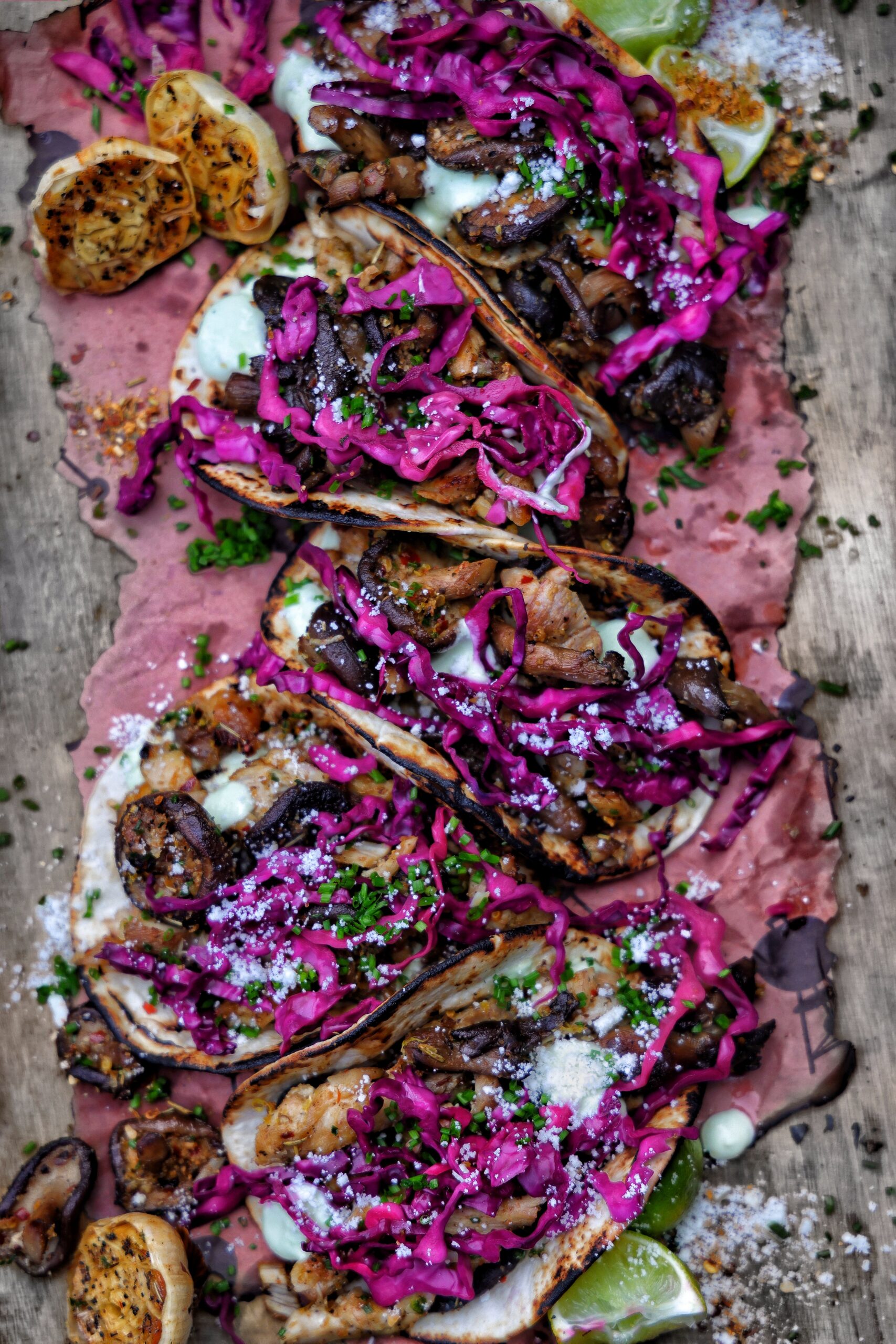 Shiitake and Chicken Tacos with Roasted Garlic-Chive Crema