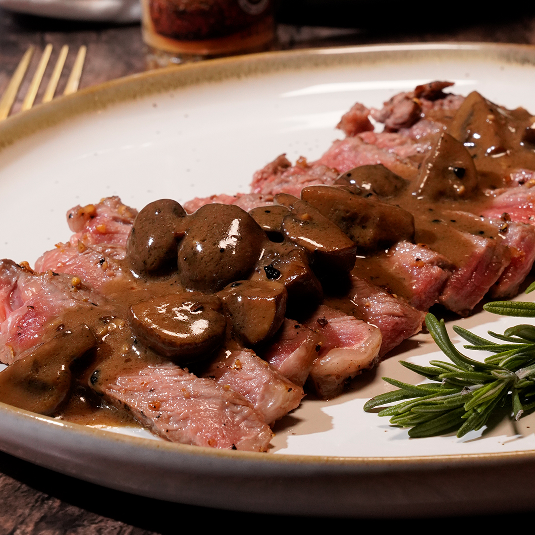 Chicago-Style Strip Steak with Mushroom Cream Sauce