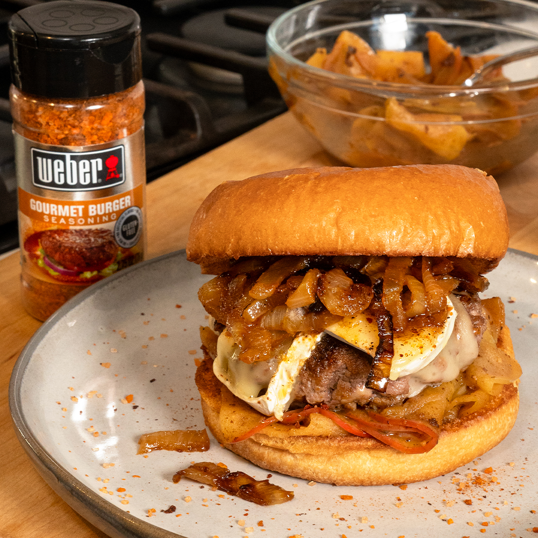 Caramelized Onion Apple Burger image showing burger and product image.